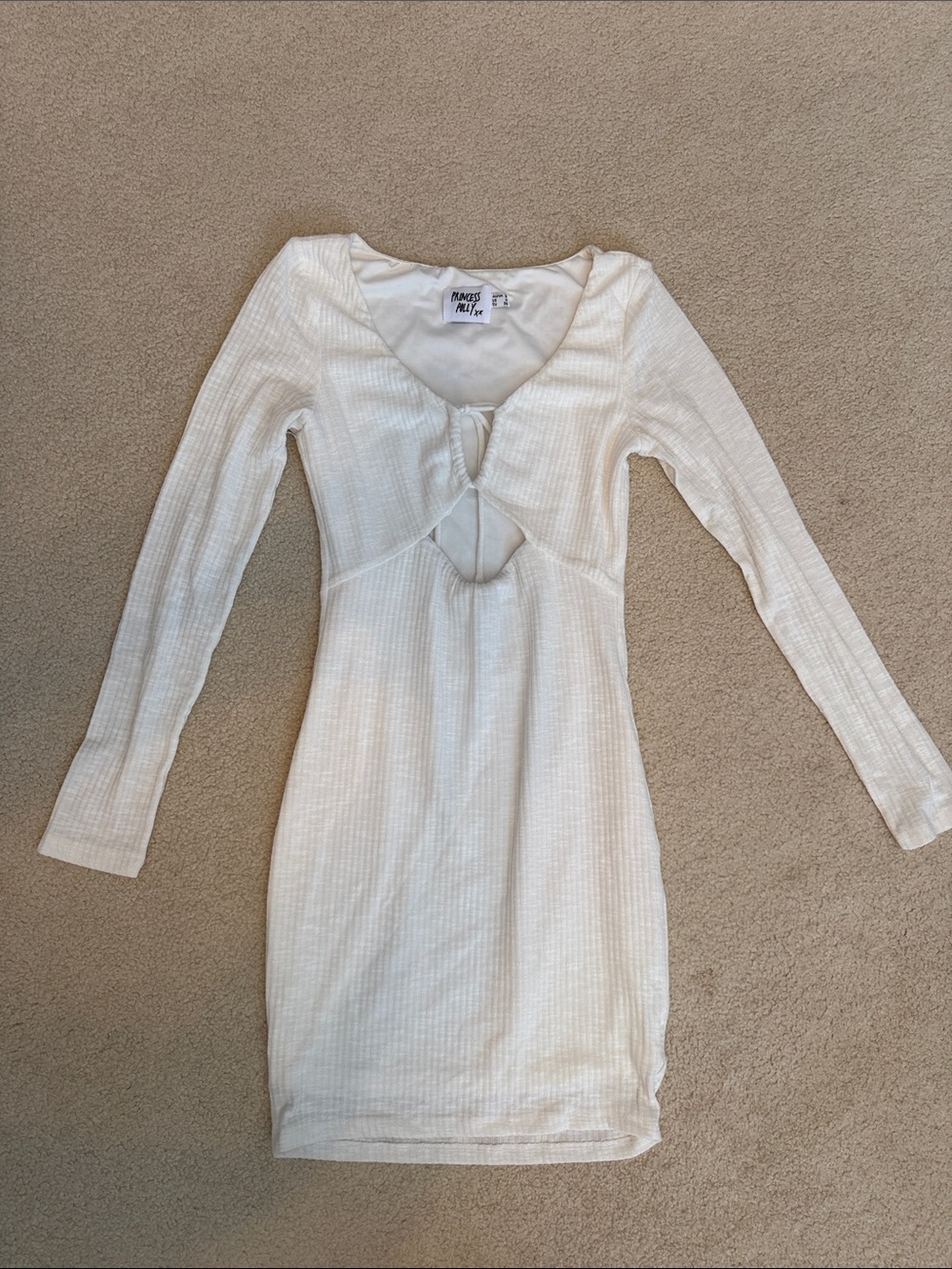 Princess Polly Cream Ribbed Long-Sleeve Cutout Mini Dress